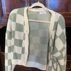 OAK + FORT Sage Green and Cream Checker Knit Cardigan
